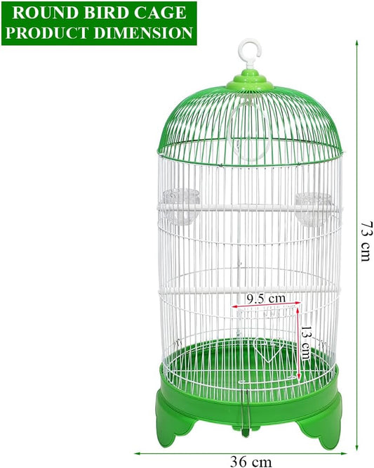 Round Bird Cage with Plastic Base, Metal Wire, Feeding Bowls, Swing, and Perches, 73 cm Travel Portable Cage for Parakeets, Canaries, and Small Birds, Indoor Outdoor Use, Convenient hook (GREEN)