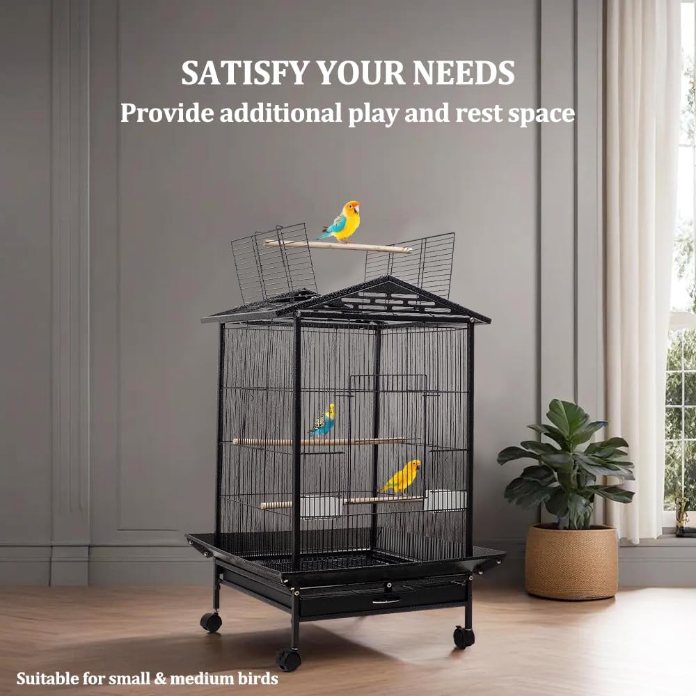 Bird Cage - Bird House & Villa - Parrot Cage for Small to Medium-Sized Birds – 87 cm Durable Metal Birdcage with Wooden Standing Perch, Feeding Cups, Slide-Out Tray, and Universal Wheels