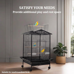 Bird Cage - Bird House & Villa - Parrot Cage for Small to Medium-Sized Birds – 87 cm Durable Metal Birdcage with Wooden Standing Perch, Feeding Cups, Slide-Out Tray, and Universal Wheels