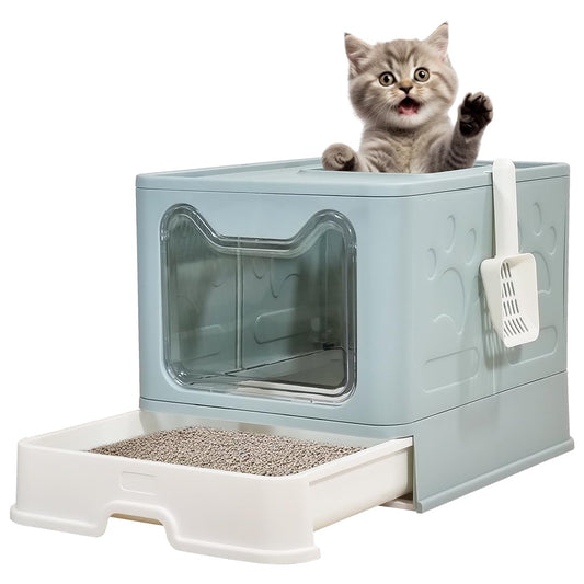 Foldable enclosed cat litter box with Top & Front entry, Transparent door, Sand filter pedal, Litter scoop, and Drawer type, Splash-proof design cat toilet for Indoor cats, Easy to clean 50 cm (Green)
