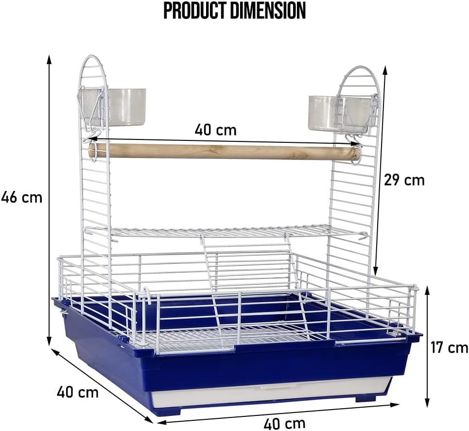 Bird stand for small to medium-sized birds, Interactive bird playground with Wooden perch, Plastic feeding cups, Climbing ladder, and Slide-out tray, Ideal for indoor and outdoor 46 cm (Blue)