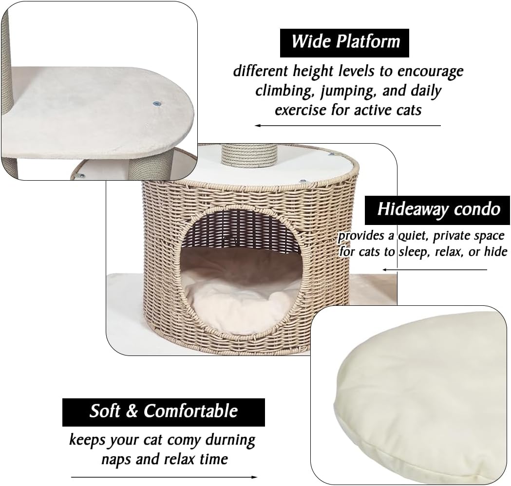 Cat tree with Scratching Post, Wicker basket, Hand-woven condo, and Dangling ball, 97 cm Indoor cat furniture for all cats, Multi-level cat tree, Easy assembly, & Cat climbing tower (Beige)