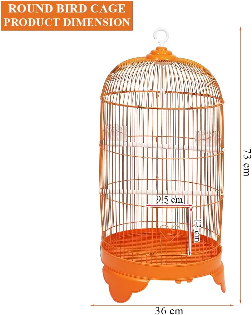 Round Bird Cage with Plastic Base, Metal Wire, Feeding Bowls, Swing, and Perches, 73 cm Travel Portable Cage for Parakeets, Canaries, and Small Birds, Indoor Outdoor Use, Convenient hook (ORANGE)