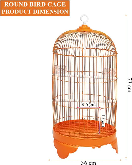Round Bird Cage with Plastic Base, Metal Wire, Feeding Bowls, Swing, and Perches, 73 cm Travel Portable Cage for Parakeets, Canaries, and Small Birds, Indoor Outdoor Use, Convenient hook (ORANGE)