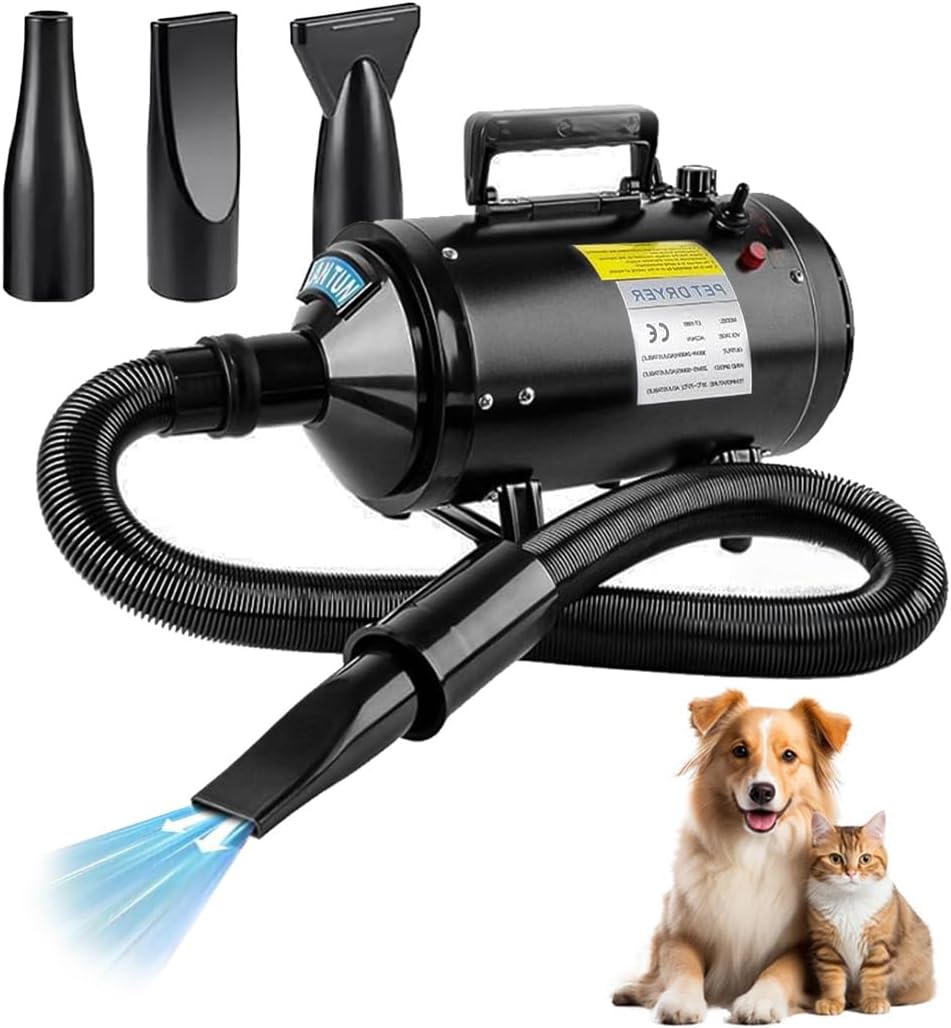 Dog Grooming - Pet Grooming Hair Dryer Blower Vacuum for Cat & Dogs- 240V Blowing Machine with Adjustable Speed & Heat, Low-Noise Design, Durable ABS Body, Portable Handle,3 Nozzles,(Black)