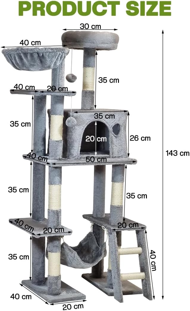 Cat tree with Padded perch, Sisal scratching post, Cozy hammock, Cat condo, and climbing ladder, Modern cat climbing tower for Indoor cats & Kittens, Easy assembly, 143 cm (Grey)