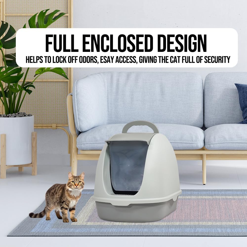 Fully-enclosed cat litter box with Portable handel, Flip cover entrance, Litter scoop, and Detachable design, Durable plastic cat toilet, Ideal for indoor/outdoor use, Easy to clean 38 cm