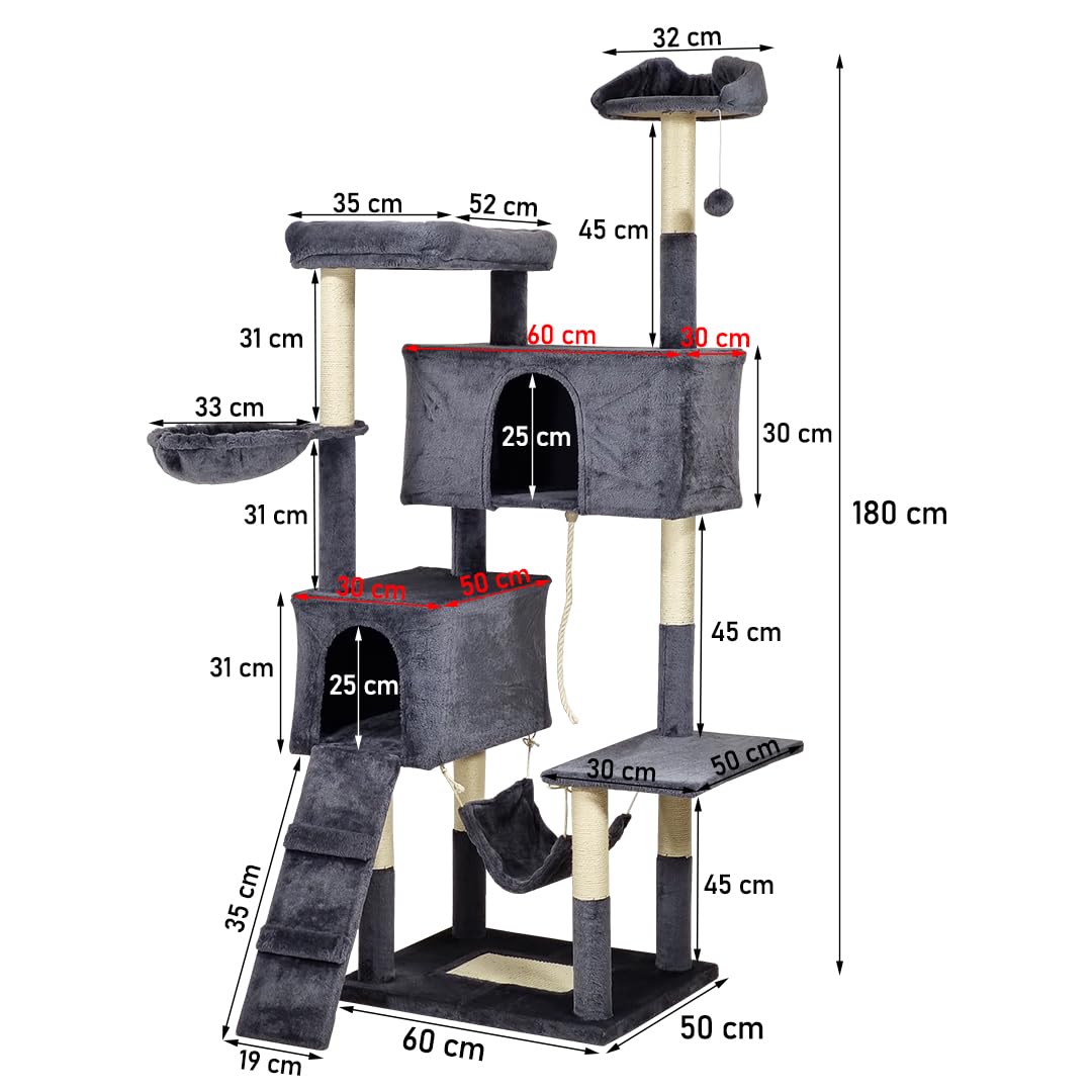 Multi-level Cat Tree Indoor Large - 180cm Cat Tower - Cat Scratching Post with Soft Perches - Dangling Ball and Comfortable Cat Condo, Durable Pet House for Indoor Cats (Dark Grey)