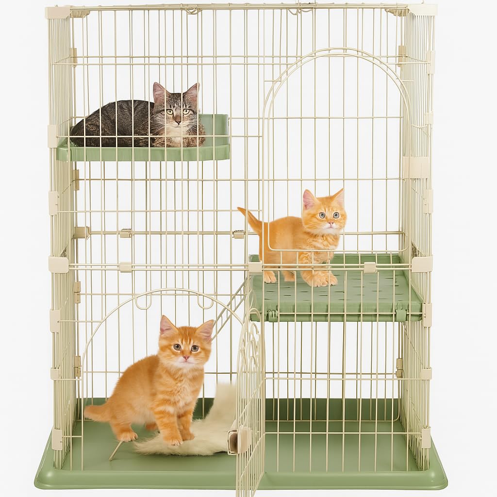 NNC PETS Cat Cage Kennel with 2-lockable Doors - 2-Tiier Metal Wire Pet Cat House Playpen for Indoor Cats - Cozy Hammock, Climbing Ladder, Drawer Tray & Universal Wheels, Easy Assembly (Green, 108 cm)