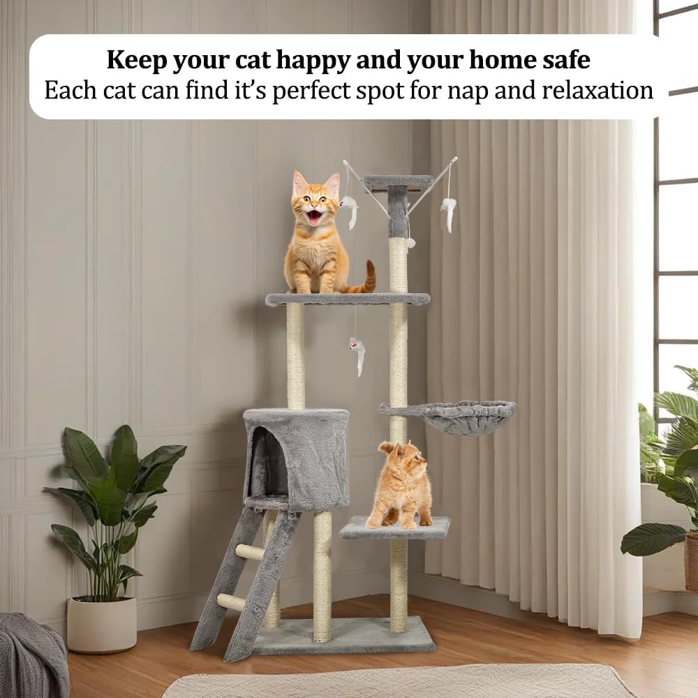 Multi-level cat tree tower for Indoor cats & Kittens, Sturdy activity center with Hanging toys, Sisal scratching post, Cozy Hammock, Plush Condo and Ladder, Easy assembly, 136 cm
