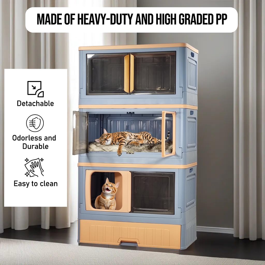 Cat cabinet, Durable 3-layer cat combination litter box with Storage area, Sleeping area, Cat toilet, and Rolling wheels, Durable plastic cat litter box, Ideal for indoor/outdoor use 115 cm