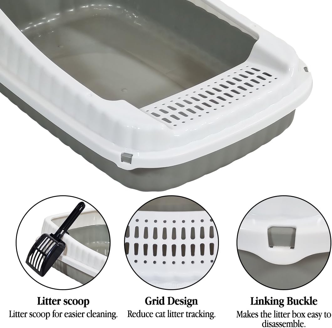 Semi-enclosed Cat litter box for Medium-sized cats, Odor control plastic cat toilet with Litter scoop, Grid design, Lightweight, and Raised fence, Detachable for easy cleaning, 49 cm