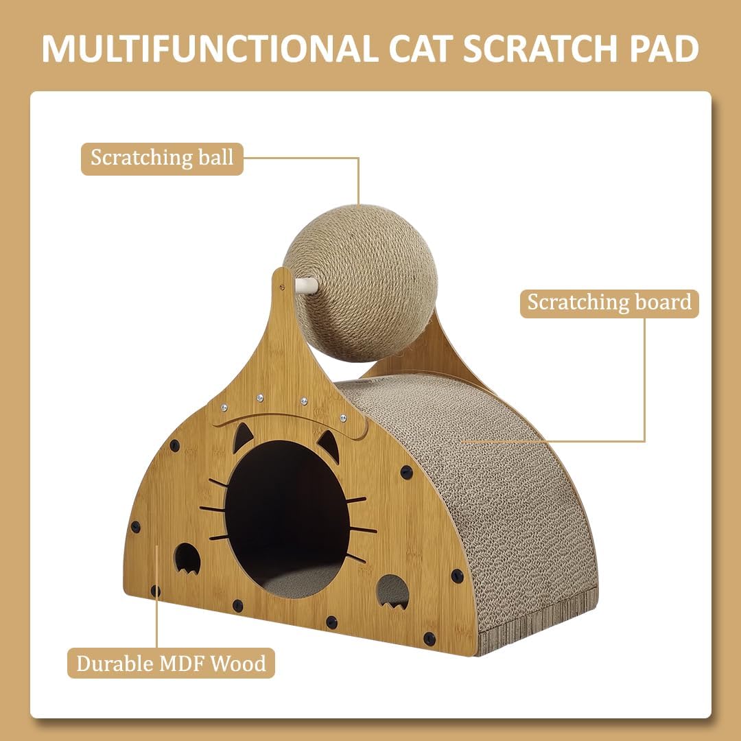 Wooden cat scratcher, Durable 2-in-1 cat scratcher & bed with Corrugated cardboard, Scratching ball, and Sturdy MDF Material, Suitable for Scratching, Playing, and Sleeping 50 cm (Brown)