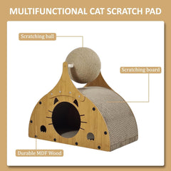 Wooden cat scratcher, Durable 2-in-1 cat scratcher & bed with Corrugated cardboard, Scratching ball, and Sturdy MDF Material, Suitable for Scratching, Playing, and Sleeping 50 cm (Brown)