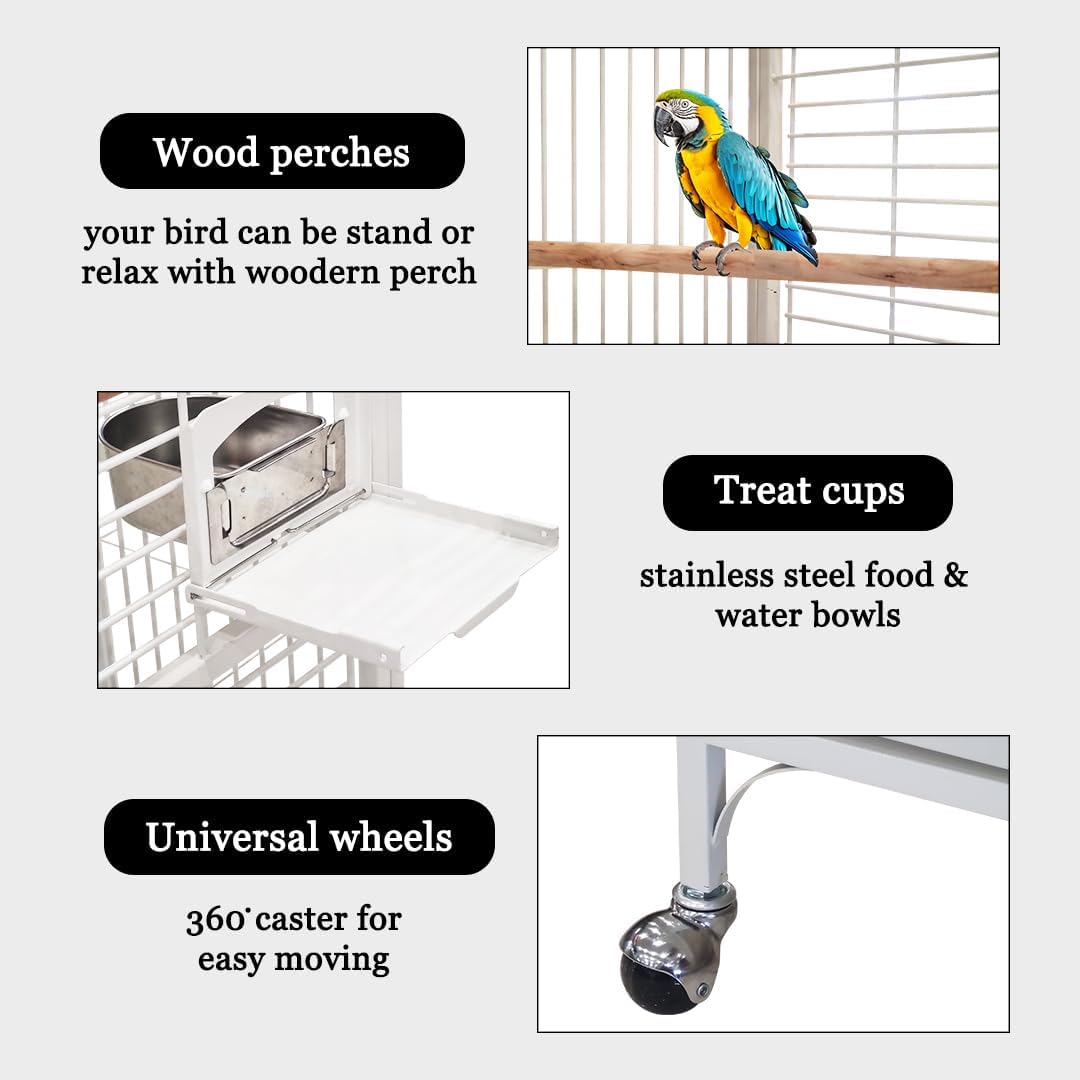Extra large bird cage for Parrots, Macaws, and Other large birds, Heavy-duty Partition cage with Wooden perches, Feeding cups, Lockable door, Removable tray, and Universal wheels 180 cm (White)