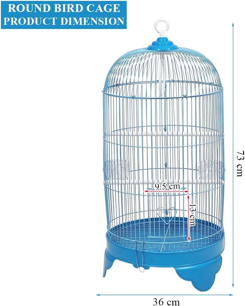 Round Bird Cage with Plastic Base, Metal Wire, Feeding Bowls, Swing, and Perches, 73 cm Travel Portable Cage for Parakeets, Canaries, and Small Birds, Indoor Outdoor Use, Convenient hook (BLUE)