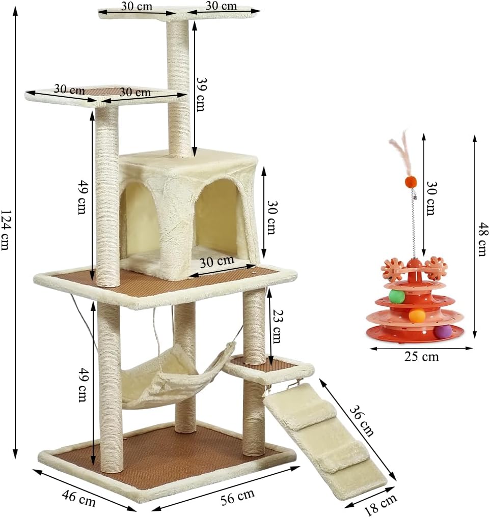 Cat Tree for Large Cats with Toy - Cat House with Padded Perch - Cozy Cat Condos & Scratching Posts - Premium Quality Multi-level Cat Tower for Indoor Cats & Kittens (Khaki, Large)