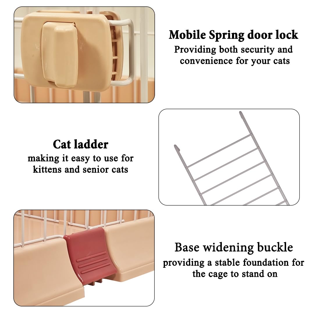 NNC PETS Large Cat Cage Playpen Kennel with Metal Wire - 177cm 3-Tier Cat Crate House - 3-lockable Doors, Wide Platforms, Climbing Ladder & Leak-Proof Plastic Base - Easy to Assemble (Pink, Large)