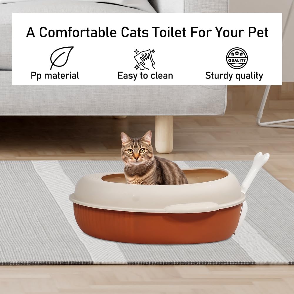 Cat litter box with Detachable design, Leak-proof base, Portable handle, and Litter scoop, Semi-enclosed cat toilet for indoor cats & kittens, Durable PP material, Easy to clean 38 cm