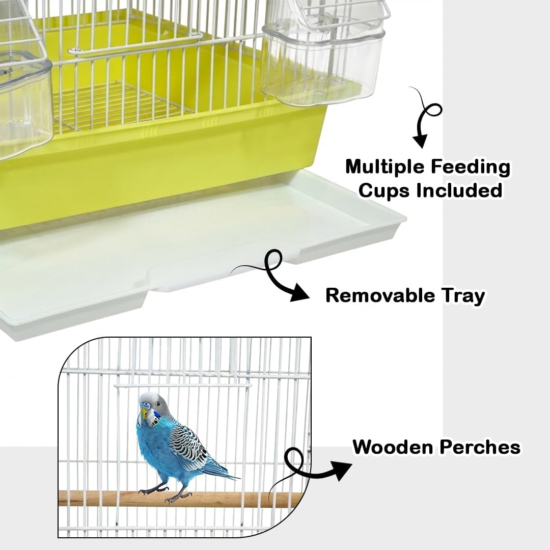 Small Bird Cage with Perches, Feeders and Swing, Ideal for Parakeets, Lovebirds, and Small Parrots, 62 cm Metal Cage with Hanging, Pull-out Tray, Portable, Durable and Top-Roof Design (Yellow)