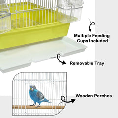 Small Bird Cage with Perches, Feeders and Swing, Ideal for Parakeets, Lovebirds, and Small Parrots, 62 cm Metal Cage with Hanging, Pull-out Tray, Portable, Durable and Top-Roof Design (Yellow)