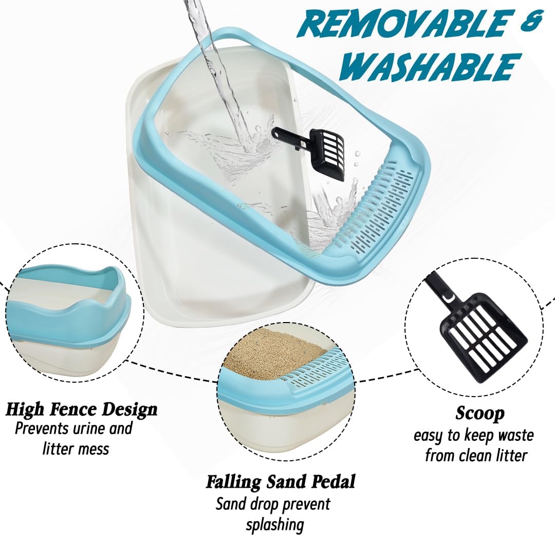 Anti-splash cat litter box with Enclosed design, Easy to clean, Durable plastic material and Removable, Cat Litter Pan with Scoop, Portable, Large size, High fence, and All size cats
