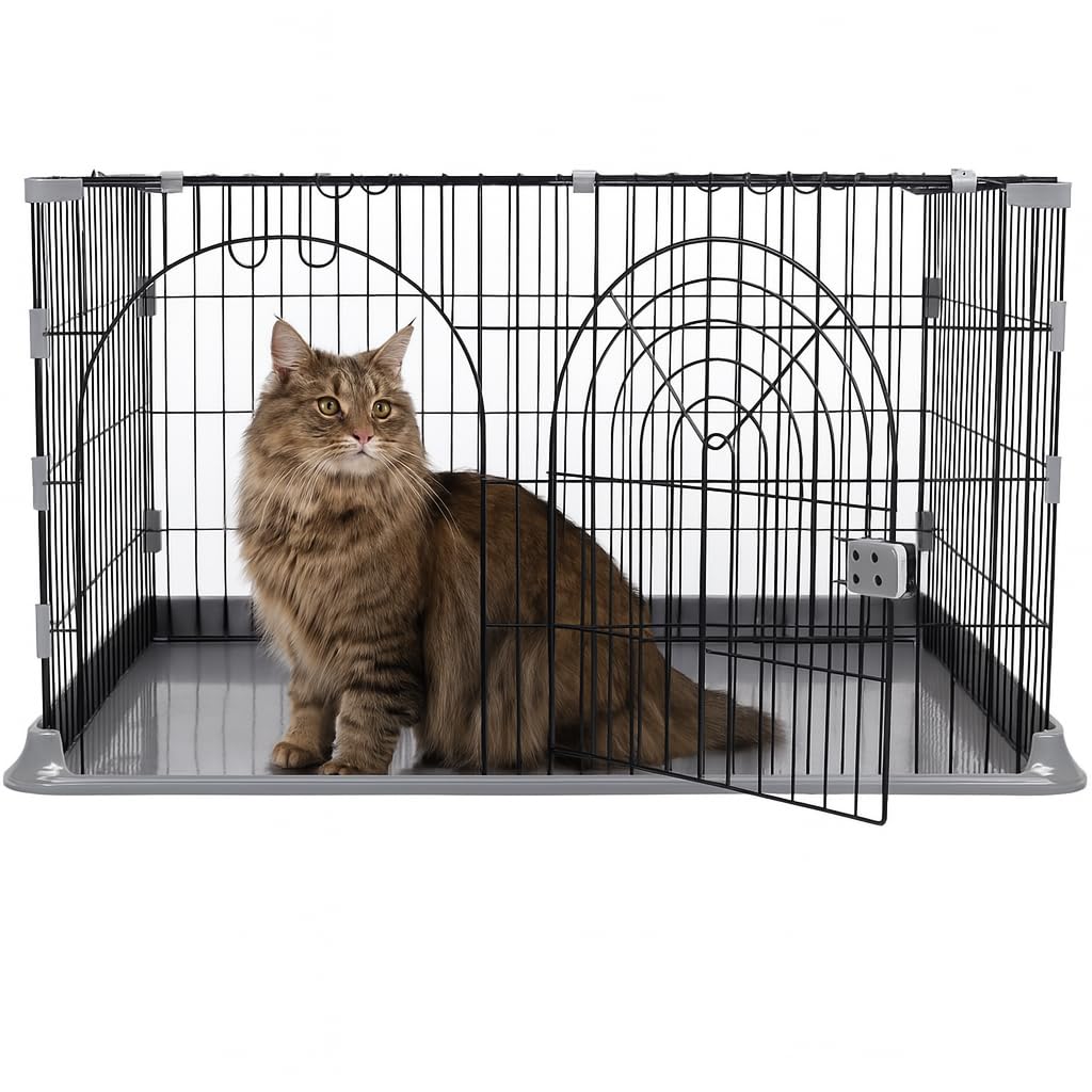 NNC PETS Cat Cage Indoor | Pet Playpen Cage | Metal Wire Single-layer Cat Crate with Splash-Proof Base & Spring Door Lock | Ideal for Indoor/Outdoor Use | Easy to Assemble (Grey, 100cm)