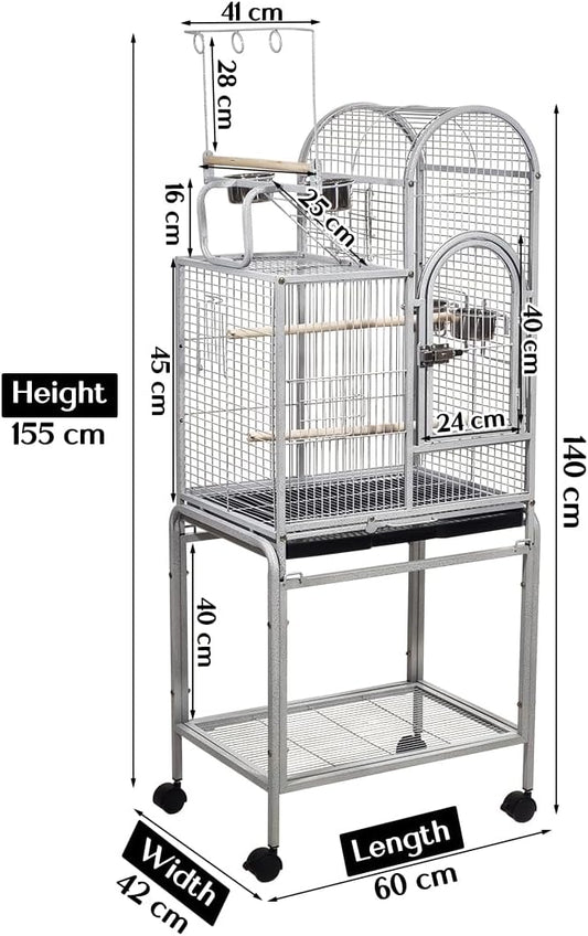 Metal Bird Cage with Bottom Tray, Rolling Stand, 155 cm Indoor & Outdoor Cage for Parakeet, Lovebirds, Large bird cage with Play Top, Storage Shelf, Perches, and Feeding bowls, Easy to clean (Grey)