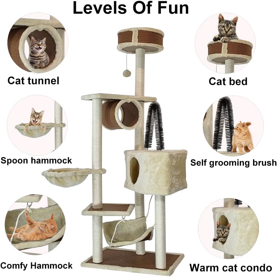 Multi-level cat tree tower with Perch, Dangling ball, Sisal scratching post, Cat tunnel, Cozy hammock, Durable cat condo, and Large hammock, Cat tree activity center for indoor cats 156 cm (Beige)