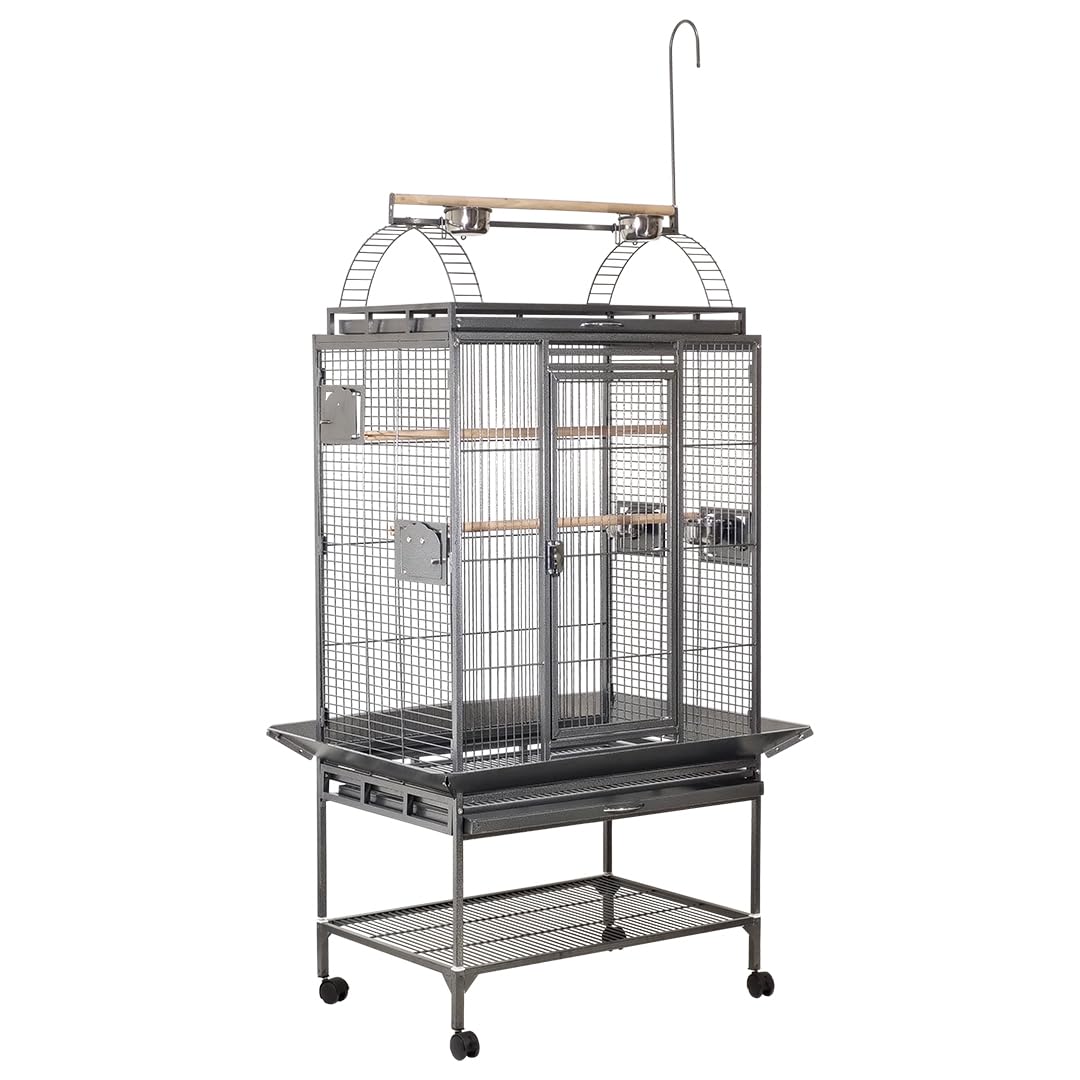 Large bird cage with Play-top area, Wooden Perches, Feeding Cups, Removable tray, Storage Shelf and Universal Wheels, Wrought iron bird cage for Large-sized birds, Easy assembly, 222 cm (Black)