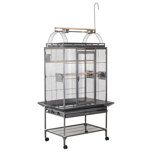 Large bird cage with Play-top area, Wooden Perches, Feeding Cups, Removable tray, Storage Shelf and Universal Wheels, Wrought iron bird cage for Large-sized birds, Easy assembly, 222 cm (Black)