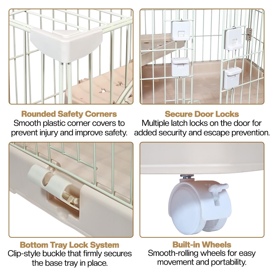 Cat Cage with Rolling Casters, Elevated Lounging Platforms, Secure Locking Doors, and Leak-Proof Base, Heavy-Duty Metal Cat Enclosure for Indoor Cats & Kittens, Easy to Assemble, 101 cm, Beige