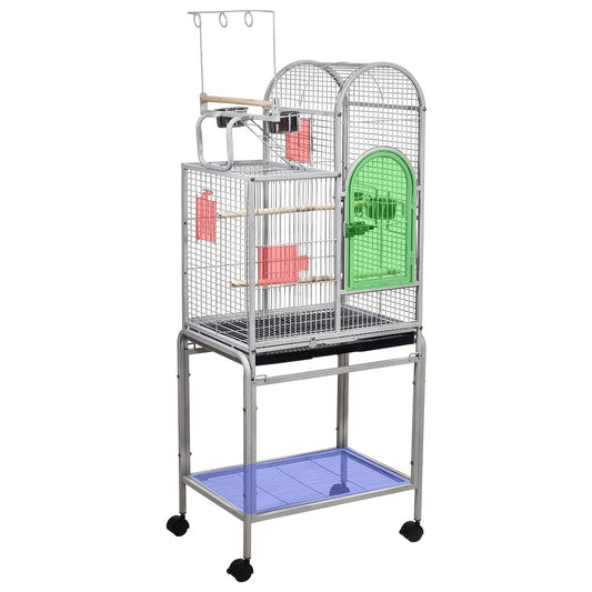 Metal Bird Cage with Bottom Tray, Rolling Stand, 155 cm Indoor & Outdoor Cage for Parakeet, Lovebirds, Large bird cage with Play Top, Storage Shelf, Perches, and Feeding bowls, Easy to clean (Grey)