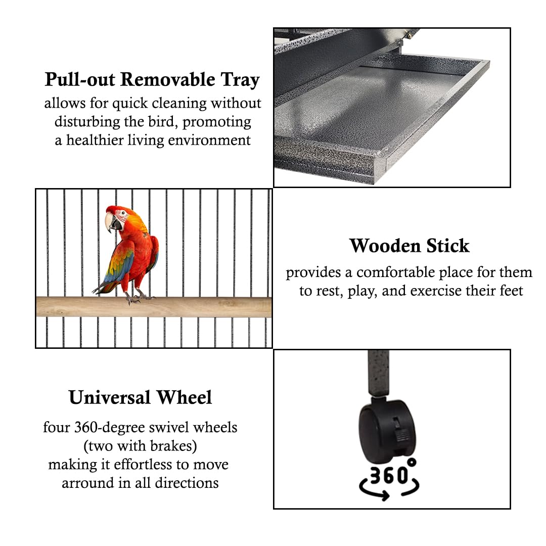 Bird Cage Large with Open-Top Design, Parrots, Parakeet, Macaw | Feeding Bowls & Wooden Perches | Removable Tray & Universal Wheels | Suitable for All Birds