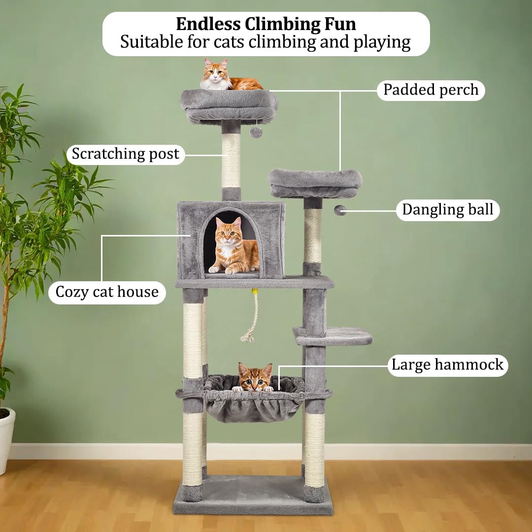 Cat tree for indoor cats, Multi-level cat climbing frame with Double perches, Dangling ball, Sisal scratching post, Cozy cat condo, and Large hammock, Easy to assemble 163 cm (Grey)