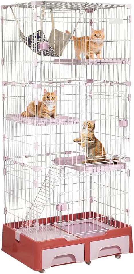 Large Cat Cage - Multi-level Cat House with Hammock, Plastic Perches, Climbing ladder, Litter Box Area and Universal wheels, 4-Tier Metal Pet Cage for Indoor Cats & Kittens 186 cm (Pink)