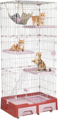 Large Cat Cage - Multi-level Cat House with Hammock, Plastic Perches, Climbing ladder, Litter Box Area and Universal wheels, 4-Tier Metal Pet Cage for Indoor Cats & Kittens 186 cm (Pink)
