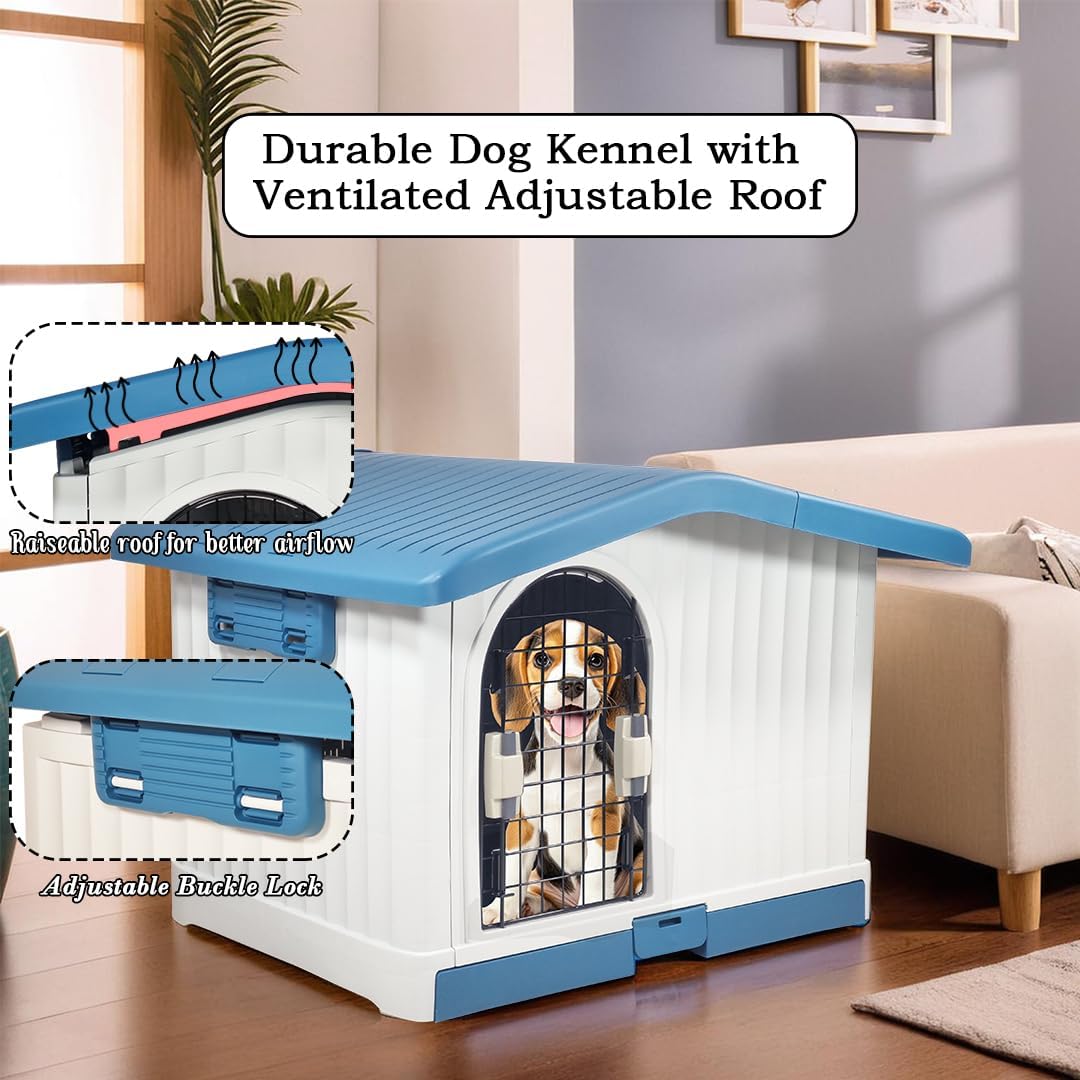Plastic dog house for small to medium-sized Dogs, Durable PP Material dog house with Liftable Roof, Air vents, and Removable tray, Easy clean & Quick assembly for Indoor & Outdoor 88 cm
