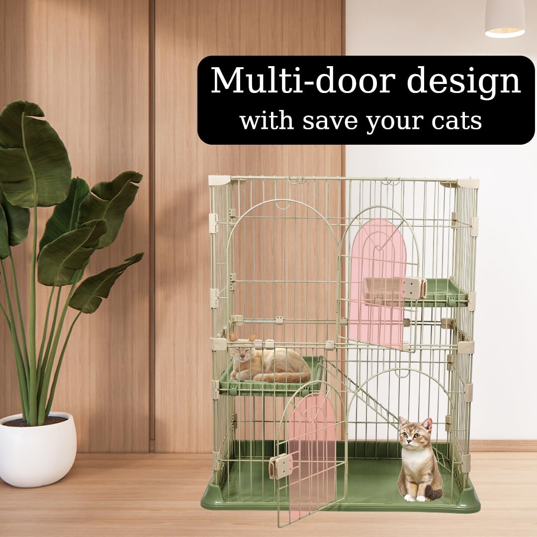 NNC PETS Cat Cage Kennel with 2-lockable Doors - 2-Tiier Metal Wire Pet Cat House Playpen for Indoor Cats - Cozy Hammock, Climbing Ladder, Drawer Tray & Universal Wheels, Easy Assembly (Green, 88 cm)