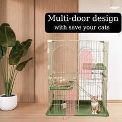 NNC PETS Cat Cage Kennel with 2-lockable Doors - 2-Tiier Metal Wire Pet Cat House Playpen for Indoor Cats - Cozy Hammock, Climbing Ladder, Drawer Tray & Universal Wheels, Easy Assembly (Green, 88 cm)