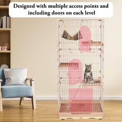 NNC PETS Large Cat Cage for Indoor Cats & Kittens, 3-Tier Metal Wire Cat Crate Kennel with Hammock, 3 Lockable Doors, Climbing ladder, Slide-out Tray & Universal Wheels, 175 cm(Light Pink, Large)