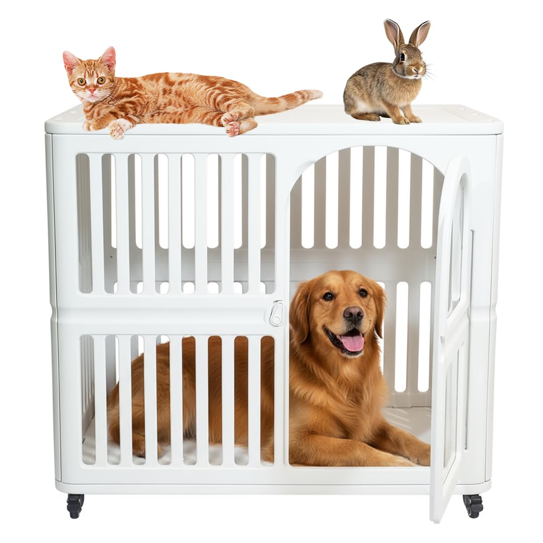 Plastic dog crate for Indoor-Outdoor, Pet kennel with Wheels, Durable and Ventilated, 85 cm Cage for Dog, Cat and Rabbits, Easy to clean, Lockable, Portable, Lockable and Easy to move,  (White)