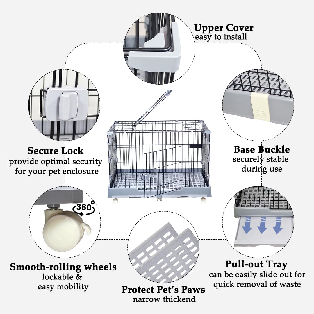 NNC PETS Pet Cage for Cat & Dogs | Dog Cage Playpen with Open-Top Design, Metal Wire, Lockable Door, Removable Tray & Universal Wheels | Ideal for Indoor/Outdoor | Easy to Assemble