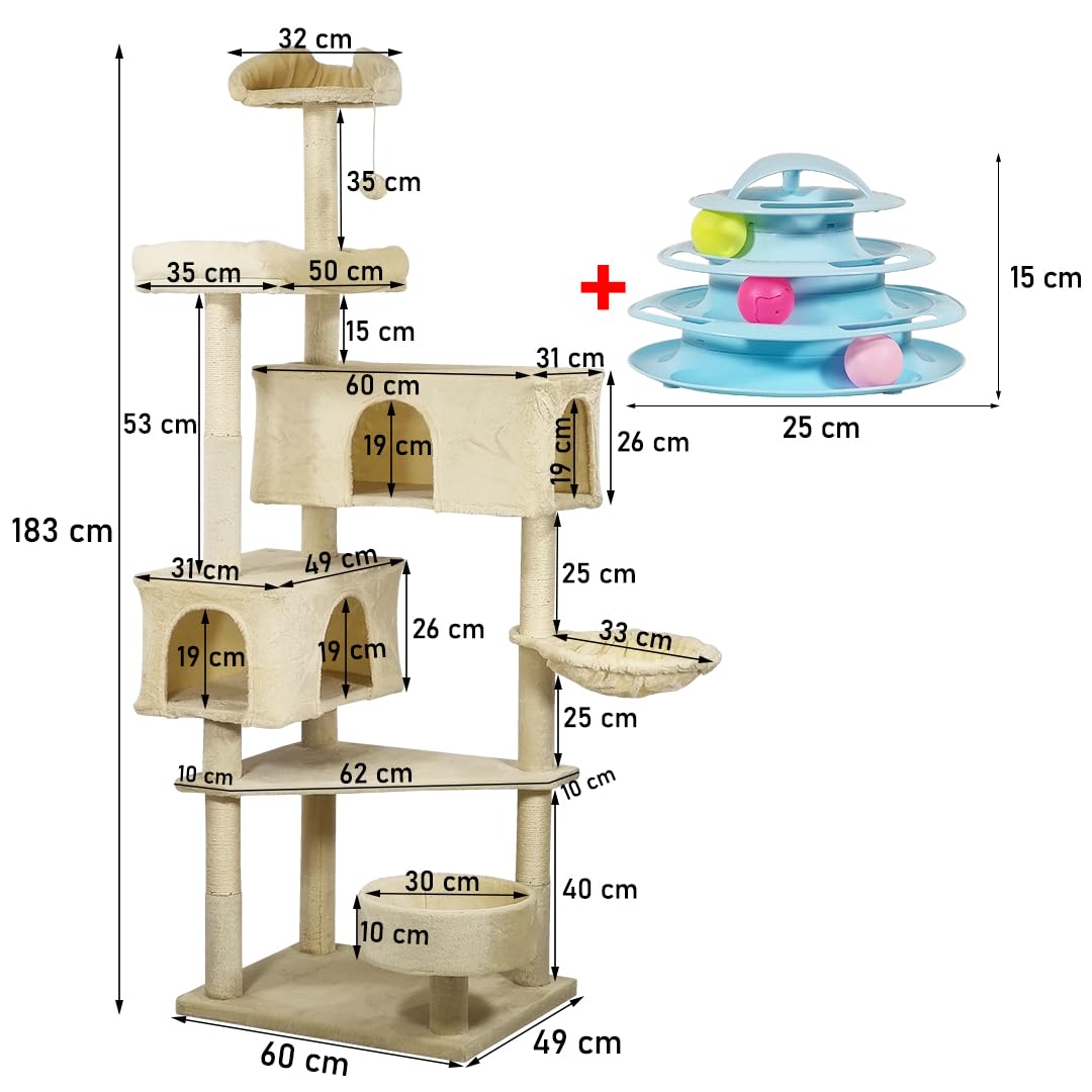 Cat Tree for Large Cats with Toy - Cat House with Padded Perch - Cozy Cat Condos & Scratching Posts - Premium Quality Multi-level Cat Tower for Indoor Cats & Kittens (Beige)