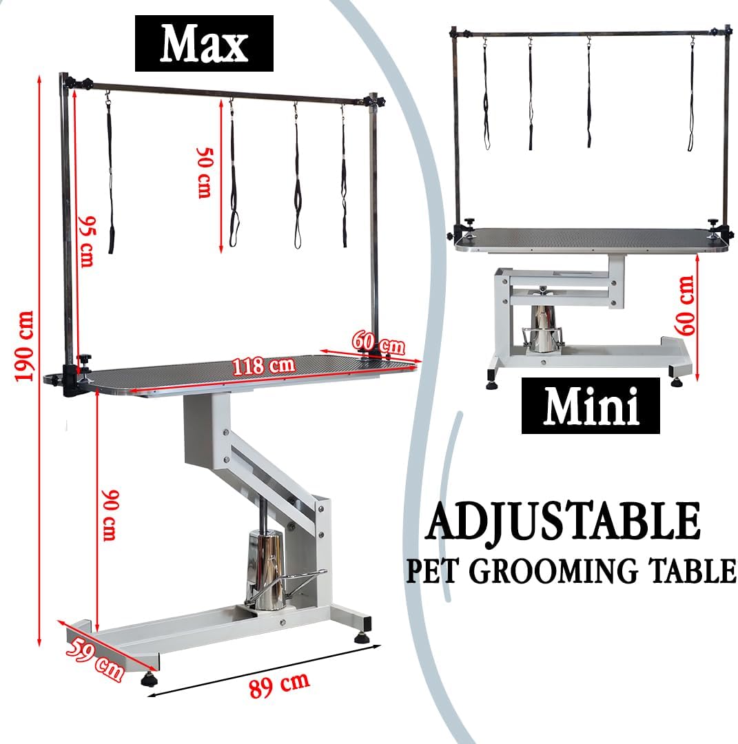 Professional Dog Grooming Table with Z-lift structure, Adjustable Arm, Clamp, and Loop Noose, 190 cm Pet grooming table for All size breed, Salon & Home use, Easy to Clean & Anti-slip desktop (White)