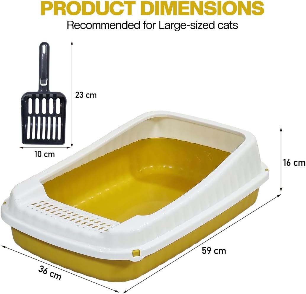 Semi-enclosed Cat litter box for Large-sized cats, Odor control plastic cat toilet with Litter scoop, Grid design, Lightweight, and Raised fence, Detachable for easy cleaning, 59 cm