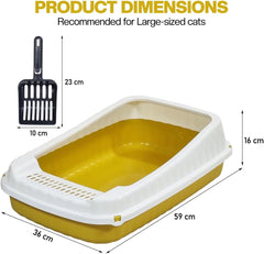 Semi-enclosed Cat litter box for Large-sized cats, Odor control plastic cat toilet with Litter scoop, Grid design, Lightweight, and Raised fence, Detachable for easy cleaning, 59 cm