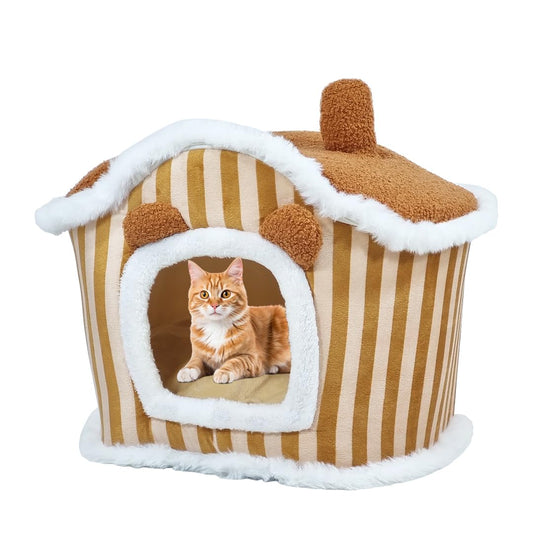 Cozy winter pet bed house with Removable cushion, Foldable design, Soft PP material, and Non-skid bottom, All-season house-shaped cat bed for Indoor cats & small dogs, 55 cm (Brown)