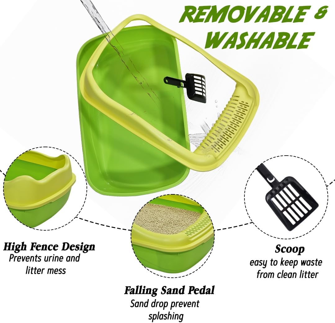 Anti-splash cat litter box with Enclosed design, Easy to clean, Durable plastic material and Removable, Cat Litter Pan with Scoop, Portable, Large size, High fence, and All size cats