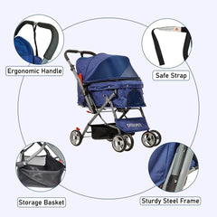 Pet Stroller for Cats and Dogs | Lightweight & Foldable | Dog Stroller with Adjustable Canopy & Spacious Interior | Storage Bag and Universal Wheels | Travel & Outdoor Cat Stroller (Dark Blue)